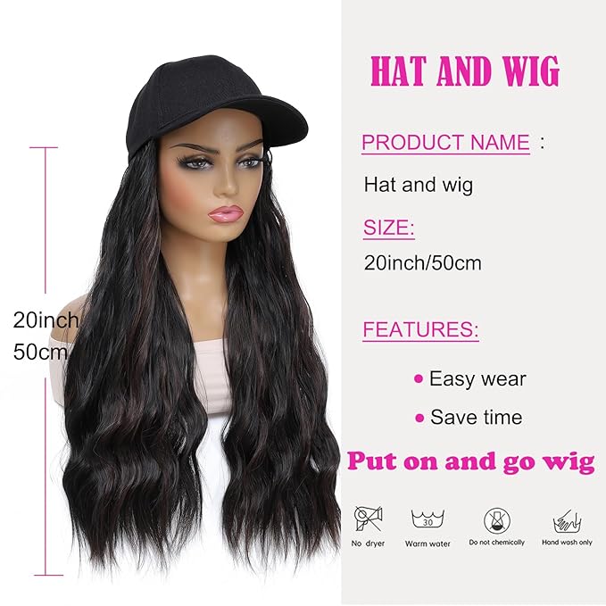 Baseball Cap Wig Hat With Hair Extensions Cap with Heat Resistant Synthetic Fiber Hairpieces attached for Women Girls Adjustable Long Wavy Wig for Daily Outdoor Use (B M1B brown)