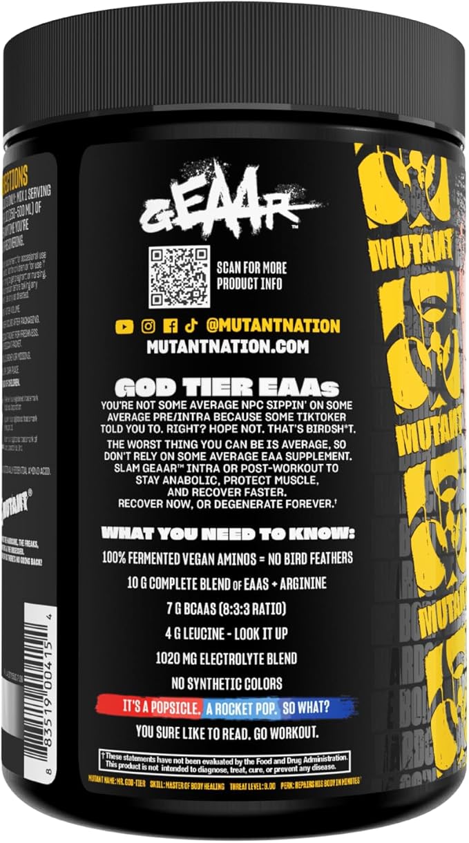 Mutant GEAAR - 9.4g of EAA Powder + Arginine 7g BCAAs 4g Leucine Electrolytes Coconut Water Delicious Taste - 30 Servings - Rocket Pop