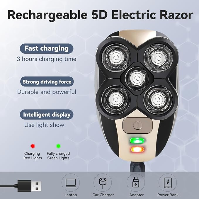 5 in 1 Head Shavers for Bald Men Skull Head Shaver with Rechargeable Battery Electric Razor Hair Clippers Nose Hair Trimmer Cleaning Brush Hair Manager Idea Gift for Men(Brown)
