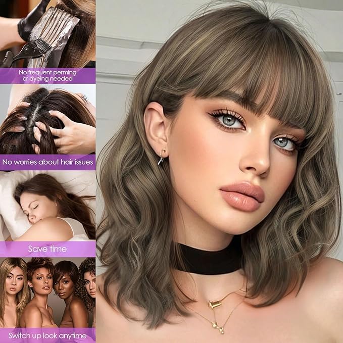 AISI HAIR Synthetic Wavy Curly Bob Wig with Bangs Brown mix Caramel Blonde Short Hair for Women Synthetic Heat Resistant Bob Wigs