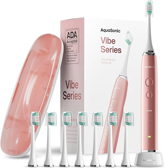 Aquasonic Vibe Series Ultra-Whitening Toothbrush ? ADA Accepted Electric Toothbrush - 8 Brush Heads &amp Travel Case ? 40000 VPM Motor &amp Wireless Charging - 4 Modes w Smart Timer ? Satin Rose Go