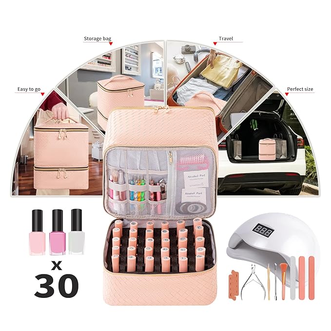 Portable Nail Polish Storage Bag with UV Light Case - Holds 30 Bottles and 1 UV LED Nail Lamp Double-Layers Nail Dryer Case for Gel Nail Polish Kit Nail Art Decorations (Woven Pink)