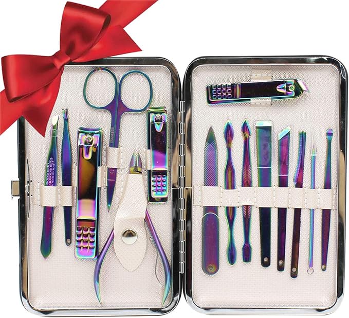 Professional Stainless Steel Chameleon Nail Clipper Travel &amp Grooming Kit Nail Tools Manicure &amp Pedicure Set of 15pcs with Luxurious Case(Purple)