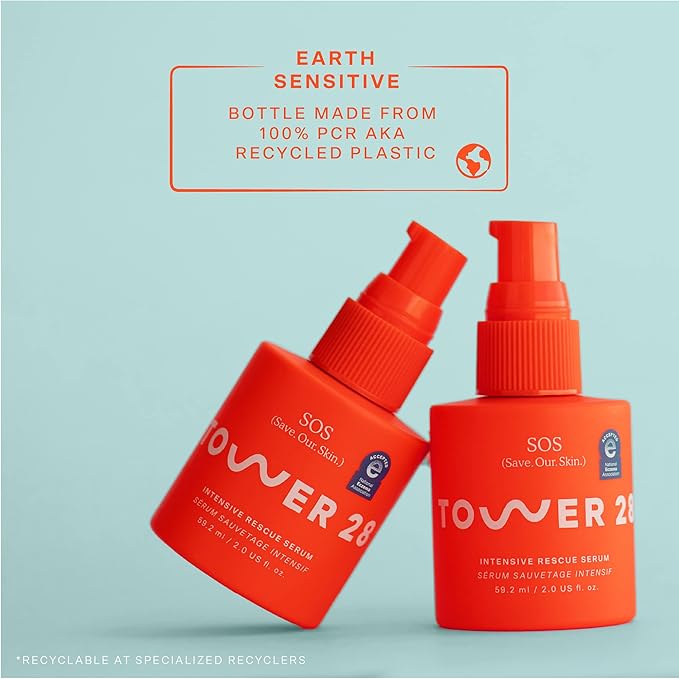 Tower 28 SOS Intensive Rescue Serum for Sensitive Skin Hypochlorous Acid Skin Care Helps Reduce Face Redness Safe for All Skin Types 2 FL Oz