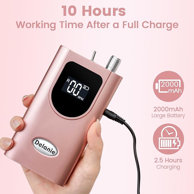 Delanie Professional Portable Electric Nail Drill Machine 35000 RPM Rechargeable Cordless Nail Filer Electric Nail File Efle for Dip Powder Acrylic Gel Nail Salon Nail Tool Rose Gold