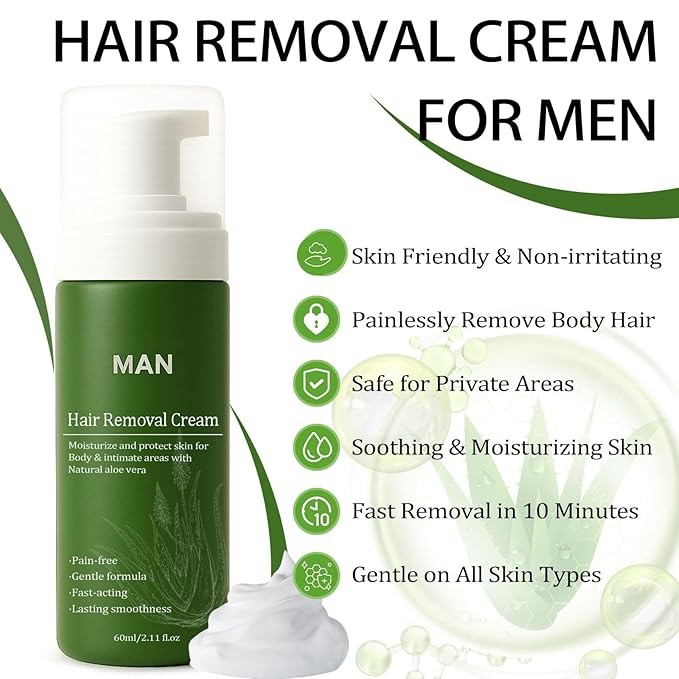 Man Hair Removal Cream with Natural Aloe Vera Natural Aloe Vera Quick Gentle Fast-Acting Hair Remover Mousse Moisturizing Nourishing Non-sticky for Face Multiple body parts (2PCS)