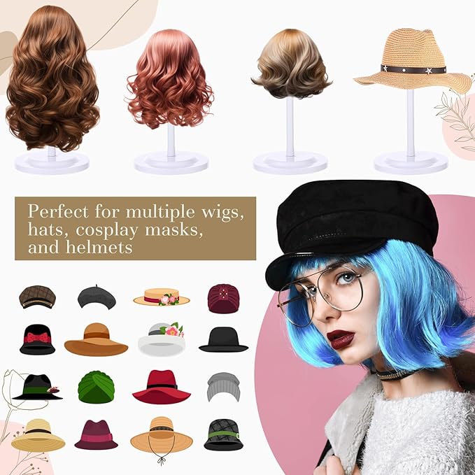 Geelin 4 Pack Wig Stand 9.8-18.9 Adjustable Height Wig Head Holder Non Slip Portable Hat/cap Display Stand for Multiple Wigs(White)