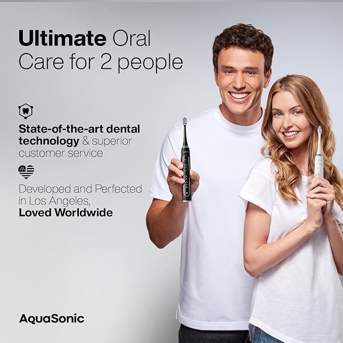 Aquasonic Duo Series PRO UV - ADA Accepted Electric Toothbrushes with UV Sanitizer - Inductive Charging Base - 5 Modes with Smart Timers - 10 Proflex Brush Heads &amp 2 Travel Cases
