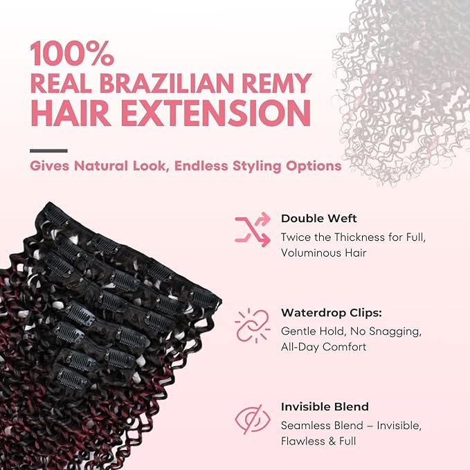 SIYUSI Kinky Curly Clip In Extensions 3C 4A 100% Brazilian Remy Human Hair Clip Ins Invisible &amp Scalp-Friendly Burgundy Ombre 3.52oz 7Pcs (16 Inch)