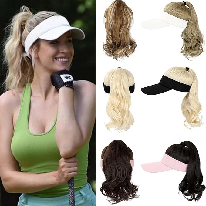 Visor Hat Wig for Women Baseball Cap Wig with Curly Synthetic Hair Extensions Ponytail Cap Wig Sun Hat with Hair Wig