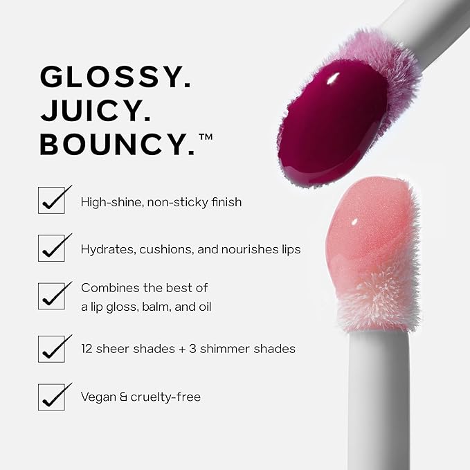 Saie Glossybounce - Hydrating Lip Gloss and Tinted Lip Oil Hybrid with Hyaluronic Acid &amp Jojoba Oil for Non-Sticky Ultra-Shiny Plump &amp Soft Lips - Everyday Makeup Essential - Bubble (.17 oz)