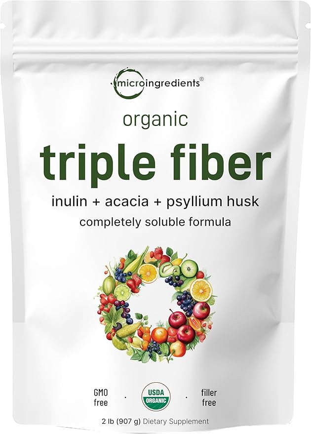 Micro Ingredients Organic Triple Fiber Powder 2lb | Natural Prebiotic to Support Digestive &amp Gut Health | Soluble Easily Digestible | Unflavored Vegan