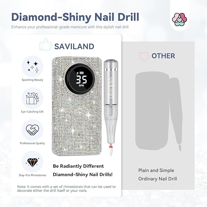 SAVILAND Professionl Nail Drill Kit: 35000RPM Rhinestones Nail Drill for Nails Electric Nail File Professional Portable Efile with Drill Bits Nails Filer Buffer Salon Home Manicure Pedicure