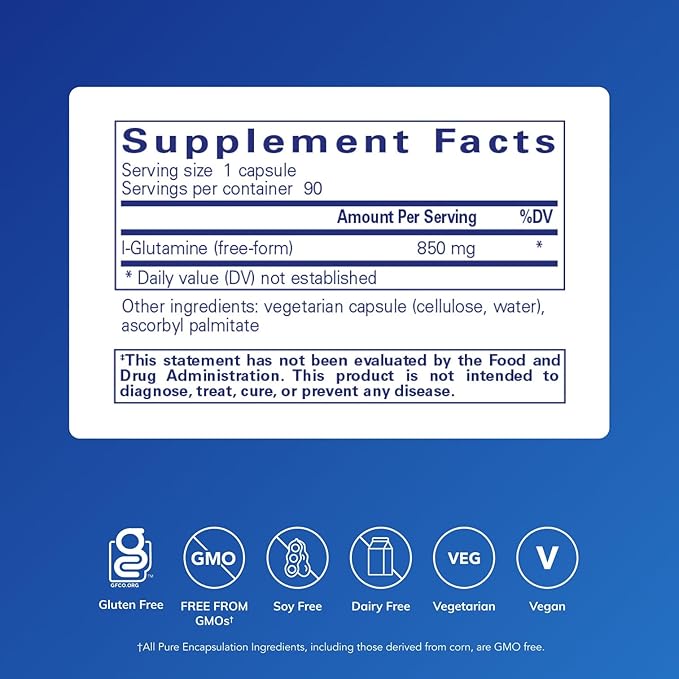Pure Encapsulations L-Glutamine 850 mg | Supplement for Immune and Digestive Support Gut Health and Lining Repair Metabolism Boost and Muscle Support* | 90 Capsules