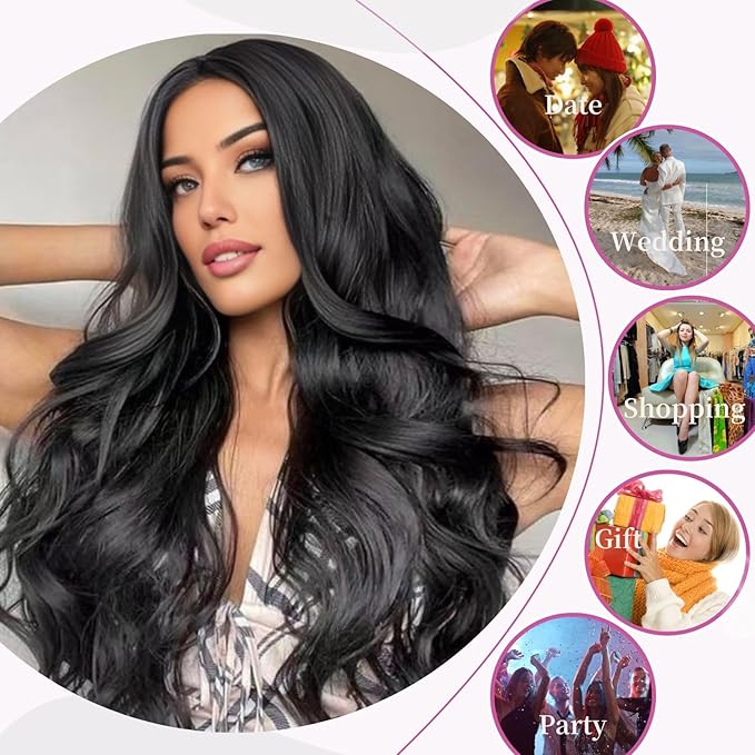 26 inch Lace Hairline Long Black Wigs for Women Middle Part Long Curly Wig Heat Resistant Synthetic Hair Looking Natural Fiber Wig for Daily Party Use