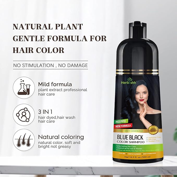 Herbishh Blue Black Hair Color Shampoo - 3-In-1 Magic Dye for Gray Hair 500 Ml + Argan Oil for Dull Dry Damaged Hair 30ML