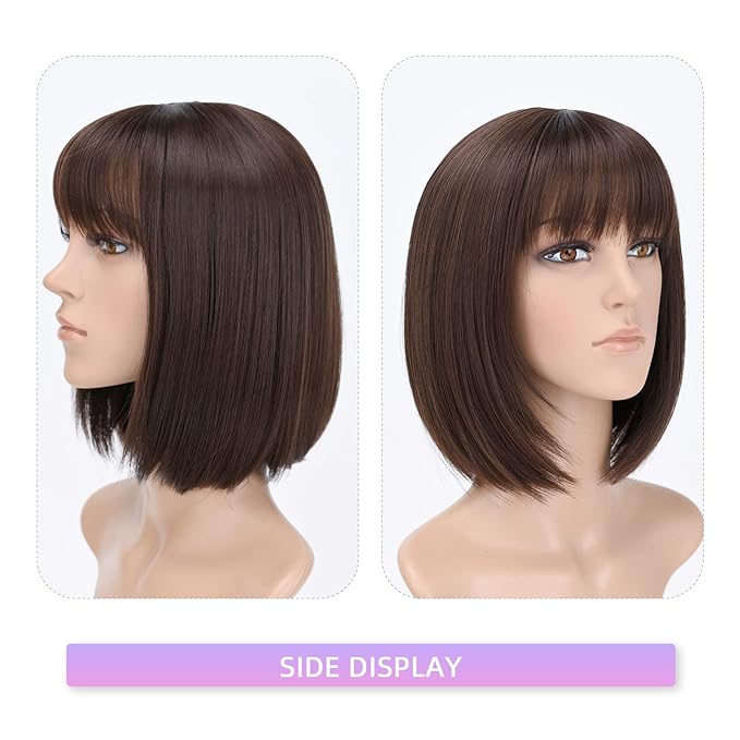 HSPJHTM Brown Bob WigsShort Bob Hair Wigs 12 Straight with Bangs Synthetic Colorful Cosplay Daily Party Wig for Women Natural Brown(Free Wig Cap)
