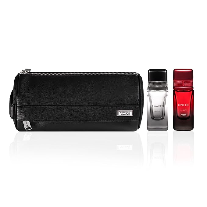 TUMI Dopp Kit Gift Set - Includes AWAKEN [08:00 GMT] KINETIC [-:- GMT] &amp Travel Toiletry Bag - .5 oz Eau de Parfum (Pack of 2)