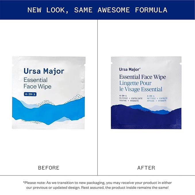 Ursa Major Essential Face Wipes | Natural Biodegradable Cruelty-Free | Cleanse Exfoliate Soothe and Hydrate | Individually Wrapped | 40 count