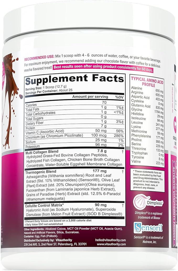 Vitauthority Collagen Peptides Powder Weight Loss Supplements | Hydrolyzed Beauty Complex for Women Hair Skin Nails | Fat Burning Support | Chocolate Flavored 25 Servings