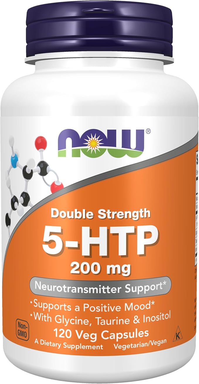 NOW Supplements 5-HTP (5-hydroxytryptophan) 200 mg Double Strength Neurotransmitter Support* 120 Veg Capsules