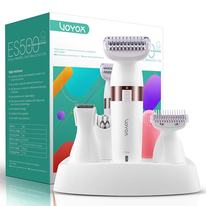 VOYOR Electric Shaver for Women Bikini Trimmer Hair Remover for Face Body 5 in 1 Groomer Kit Lady Shaver Bikini Razor Women for Hair Trimmer Cordless Rechargeable Waterproof ES500