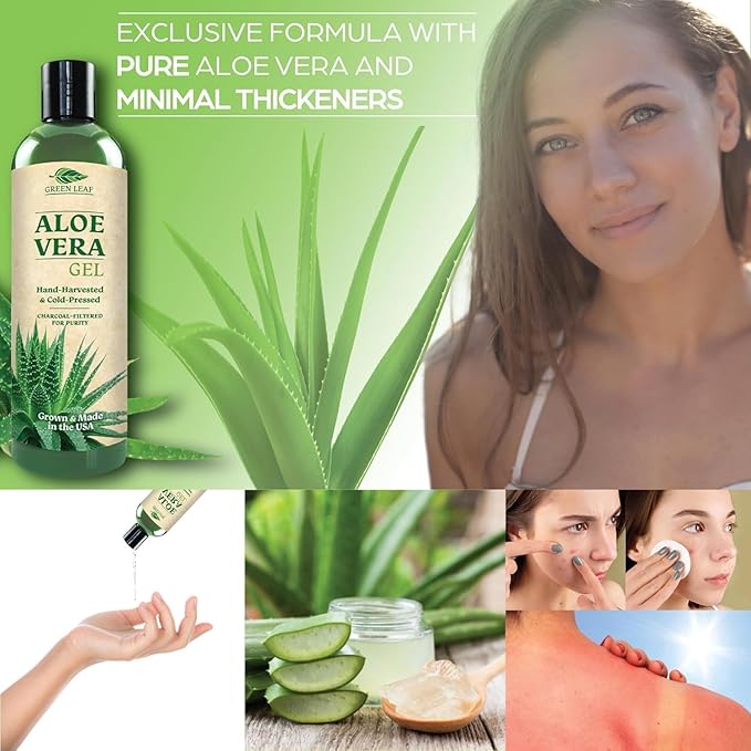 Green Leaf Naturals Amazing Aloe Vera Gel - Freshly Cut 100% Pure Aloe Premium Quality Vegan Unscented - Natural Sunburn Relief After Shave Skin Face &amp Hair Care (two 8oz bottles) 16oz