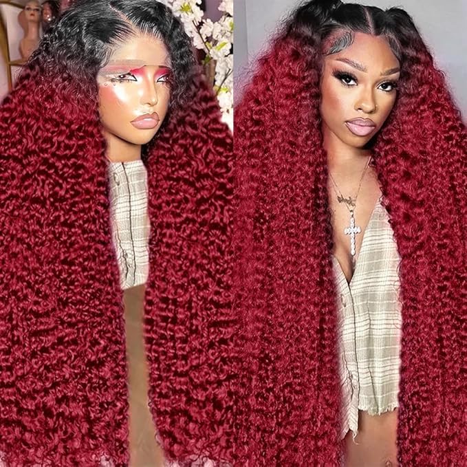 Burgundy Wig Human Hair Deep Wave Lace front Wigs Human Hair 13x6 250% density Pre plucked 1B 99J Deep Curly Wig Human Hair Wet and Wavy Lace Front Wigs Ombre Lace Front Wig Human Hair