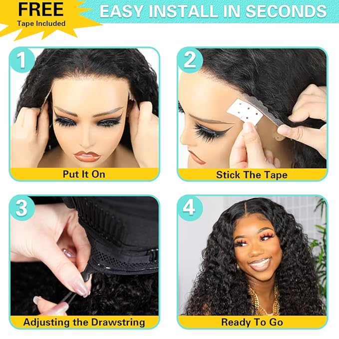 Wear and Go Glueless Wigs Human Hair Pre Cut HD Lace 7x5 Deep Wave Lace Front Wigs Human Hair Pre Plucked 200% Density Glueless Drawstring Wig for Beginners 20 Inch Natural Color Pre Everything
