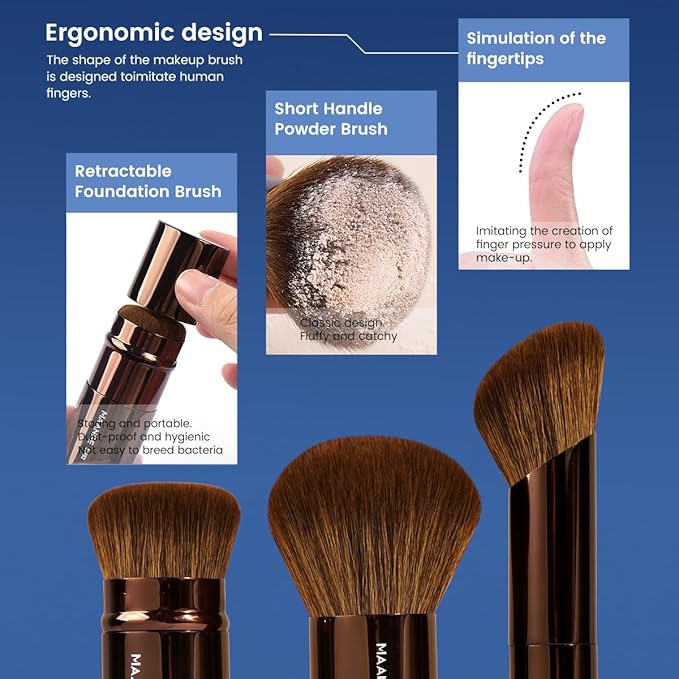 MAANGE 20 PCS Makeup Brush Set with Bag Double-ended Kabuki Brush Foundation Contour Brush for Liquid Powder Concealer Eye Shadows Cream Cosmetics Blending Blush Face Makeup Tools (Brown)