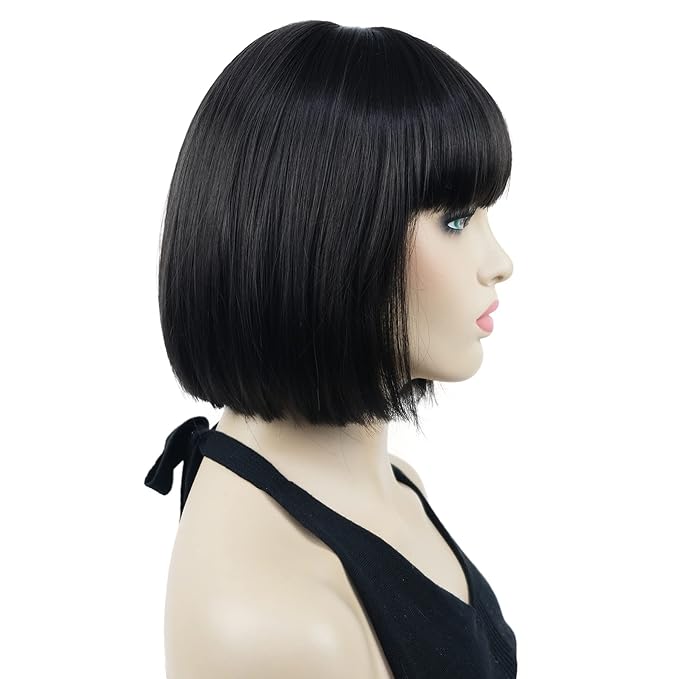 Lydell 8 Straight Short Bob Hair Flat Bangs Cute Central Dot Skin Top Heat Resistant Synthetic Wigs (4 Dark Brown)