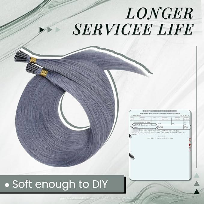 RUNATURE I Tip Hair Extensions Real Human Hair Grey Blue Colored Hair Extensions 22 Inch Long I Tip Hair Extension Human Hair Blue Pre Bonded Hair Extension Remy Natural Hair for Women 25g 25s