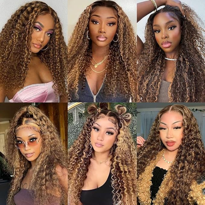 30 inch Highlight Deep Wave Wig Human Hair 13x4 Honey Blonde Wig Human Hair 4/27 Curly Highlighted Human Hair Wig Glueless Pre Plucked Honey Brown Deep Wave Wig 180% Density