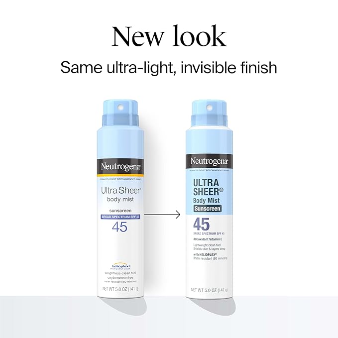 Neutrogena Ultra Sheer Body Mist Sunscreen Spray Broad Spectrum SPF 45 Lightweight Spray Sunscreen Non-Greasy &amp Water Resistant Oil-Free &amp Non-Comedogenic UVA/UVB 5 oz Pack of 3