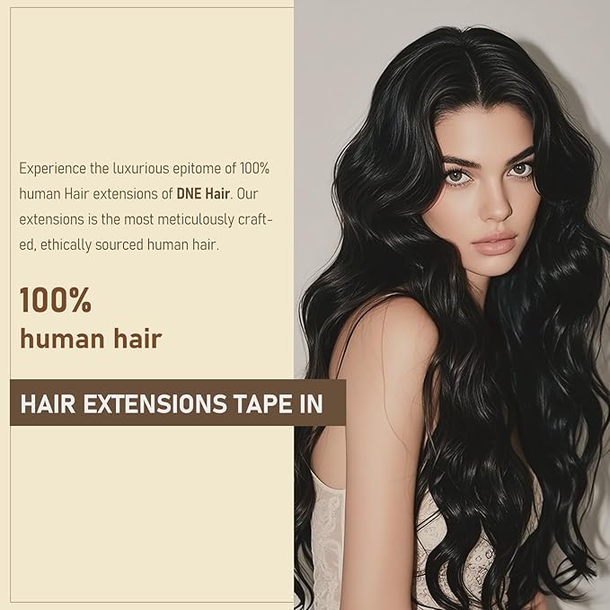 DNE Tape in Hair Extensions Real Human Hair 20 inches 20Pcs/50g/Pack Seamless #1 Jet Black Dark Color Straight Invisible Double Sided Tape in Hair Extensions for Women/Girls Can Bleached and Curl