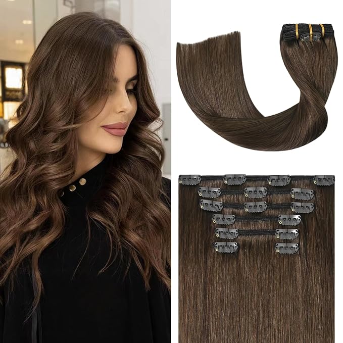 Medium Brown Hair Extensions Real Human Hair Clip ins for Women 70g 7pcs 12inchSoft &amp Natural Straight Double Weft for Women #4 Chocolate Brown Human Hair Extensions