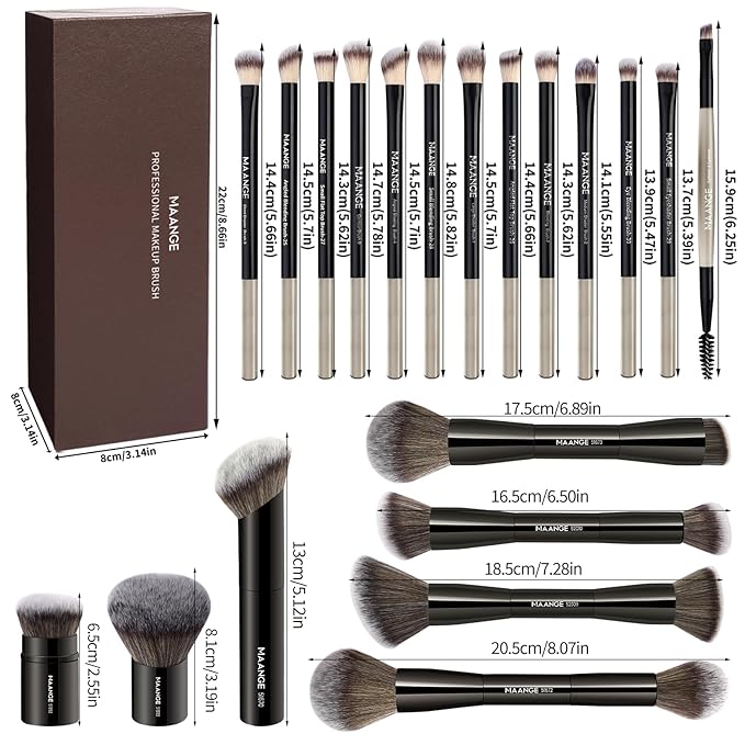 MAANGE 20 Pcs Makeup Brushes with Gift Box Double-End Multi-functional Makeup Brushes for Blending Liquid Powder Concealer Cream Blush BuffeBlack