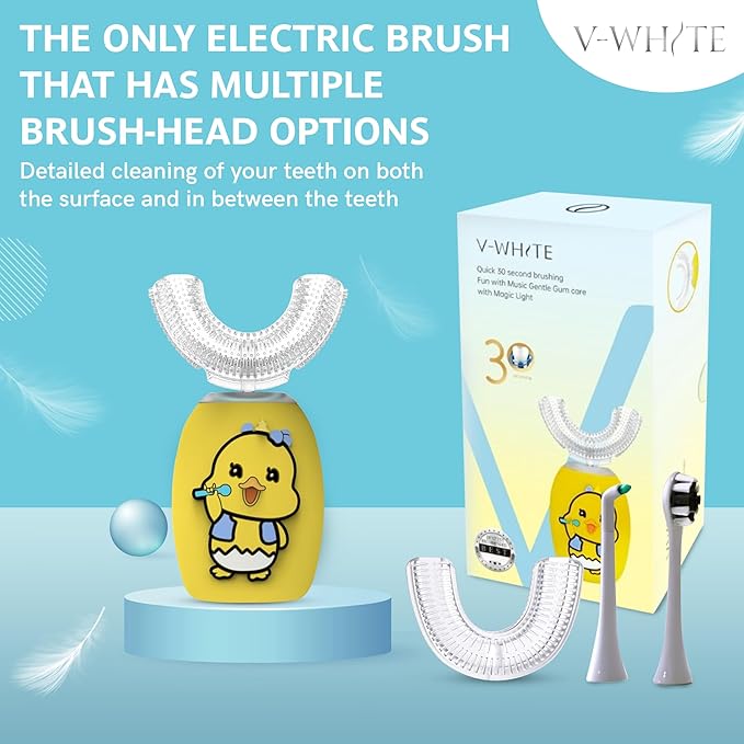 V-WHITE Ultrasonic U-Shaped Toothbrush For Teeth Whitening Electric Toothbrush - 360° Mouth Cleansing Hands Free Gums Protection - Wireless Charging - Waterproof IPX7 Certified (YELLOW - KIDS KIDS)