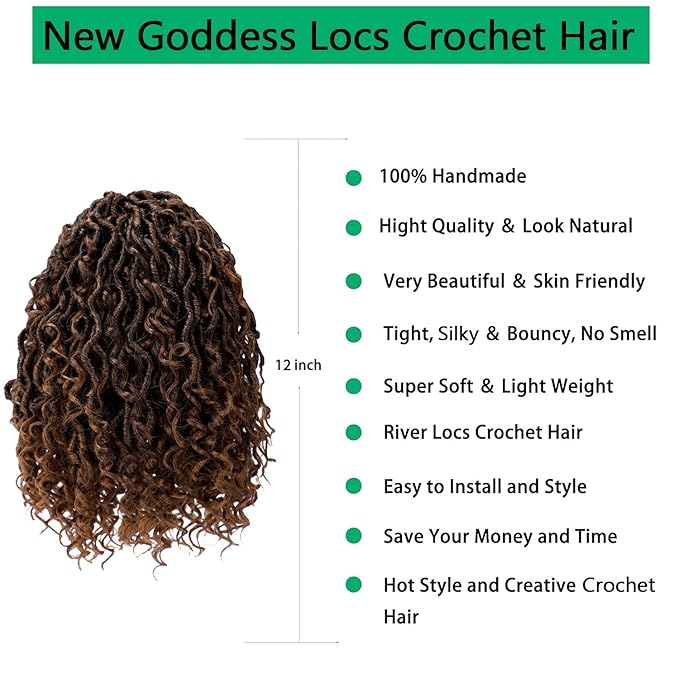 Goddess Locs Crochet Hair 12 Inch 6 Packs Faux Locs Crochet Hair for Black Women Pre Looped Crochet Hair with Curly Ends River Locs Style Hair Extensions 1b/30