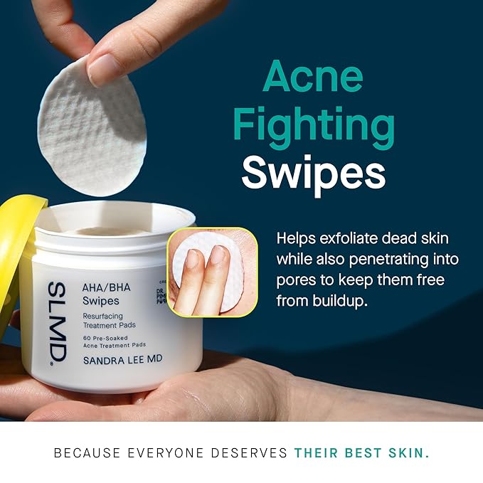 SLMD by Dr. Pimple Popper - AHA BHA Toner Pads Swipes Salicylic Acid Glycolic Acid &amp Lactic Acid - Daily Resurfacing Pads for Face &amp Body - Facial Exfoliating Resurface Treat and Prevent A