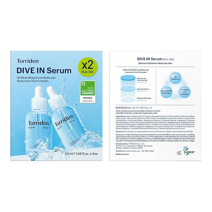 Torriden DIVE IN Hyaluronic Acid Serum 50ml(1.69 fl.oz.) * 2 (Pack of 2) | Deep Hydration to Get Glow Skin | Hyaluronic Acid Panthenol Allantoin | Korean Facial Serum