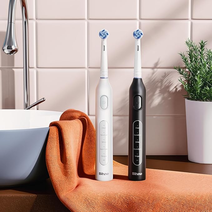Bitvae Rotating Electric Toothbrush 2 Packs for Adults and Kids 8 Brush Heads 60-Day Battery Life 5 Modes Power Toothbrush with 2-Minute Smart Timer Black &amp White R1