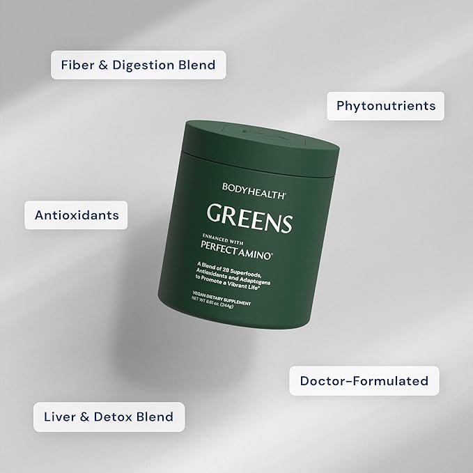 BodyHealth Greens Enhanced with PerfectAmino - Daily Superfood Green Apple Smoothie Powder with Vegetables Fruit Antioxidants Prebiotics Probiotics Fiber and Protein - 40 Servings