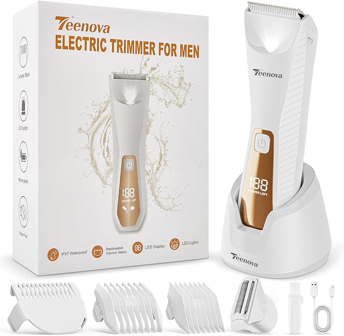 Pubic &amp Body Hair Trimmer for Men 2 In 1 Electric Ball Groin Razor Shaver with Ceramic Blade No Nick Mens Grooming Kits for Wet/Dry Use Cordless Charging Body Groomer with Led DisplayWhite