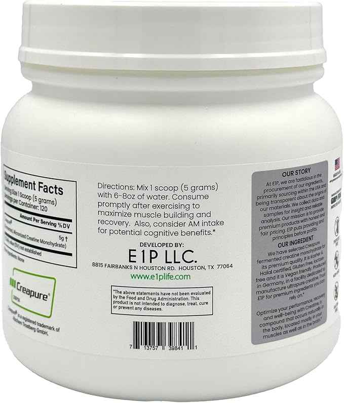 Creapure Creatine Monohydrate 600grams (120 Servings) Unflavored Non-GMO Vegan Fermented Third-Party Lab Tested. Made with Halal and Kosher Certified Ingredients.