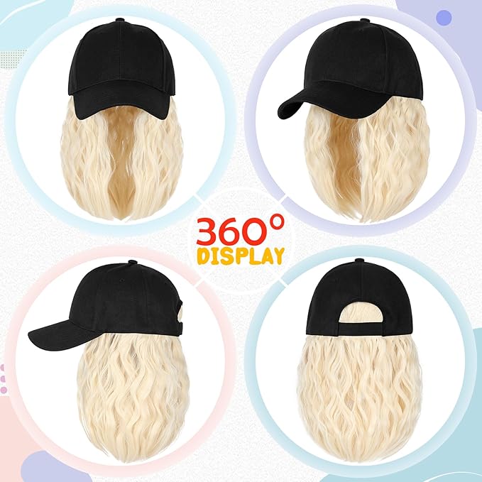 Baseball Hat WigHat with Hair attached 16'' Adjustable Black Cap with Wavy Curly Synthetic Bob Hair Extensions for Women Girls(Bleach Blonde)