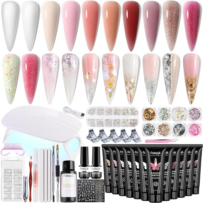 Poly Gel Nail Kit with UV Light 12 Colors Builder Gel Nail Extension Kits for Beginners with Everything Dual Nail Forms Slip Solution Chunky Glitter Poly Gels Nails Art Design Starter Set