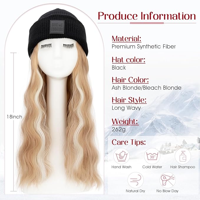 S-noilite Beanie Wig Hair Extensions18 Inch Long Wavy Hair Extensions with Knitted Hat Hairpieces for Women Winter Ash Blonde with Bleach Blonde