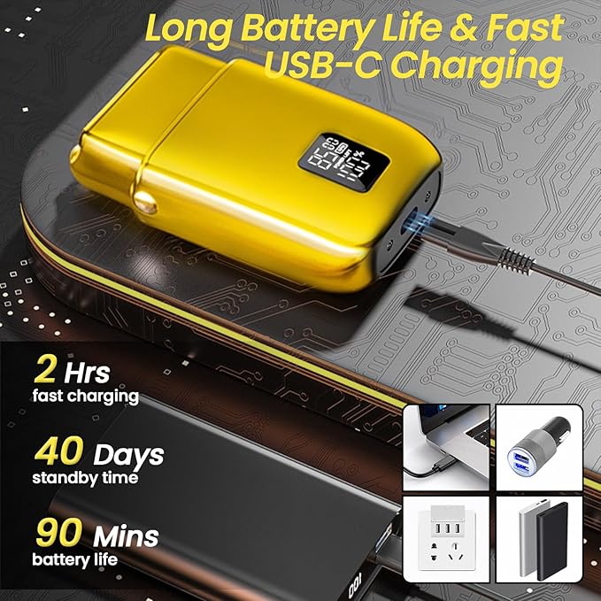 Electric Foil Shavers for Men 3 Speed Electric Razor for Men High Speed Dual Floating Blades IPX7 Waterproof Wet &amp Dry LED Display USB Type C Charging Foil Razor for Face/Beard/Head (Gold)