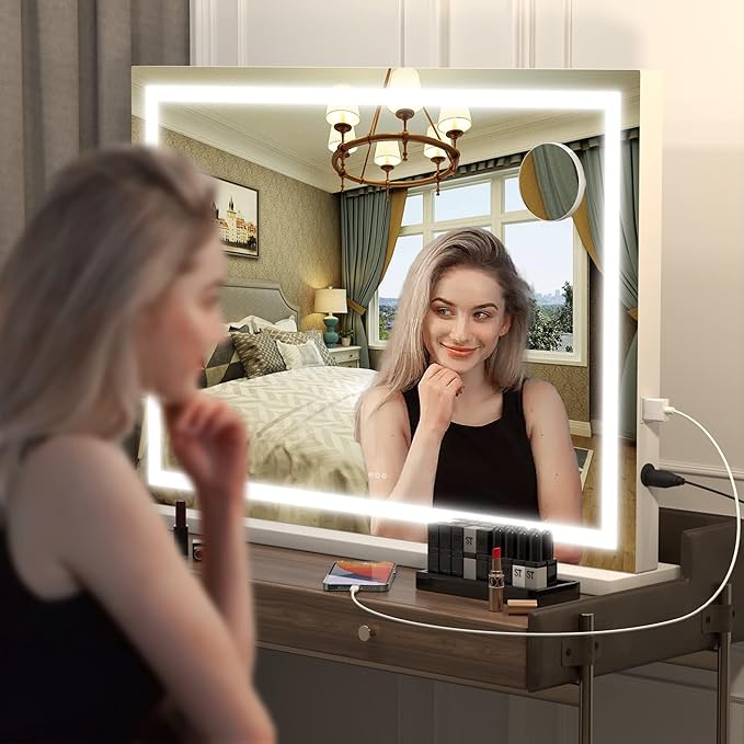 Hasipu Vanity Mirror with Lights 28 x 20 LED Makeup Mirror Lighted Makeup Mirror with Dimmable 3 Modes Touch Screen Control Vanity Mirror Square White